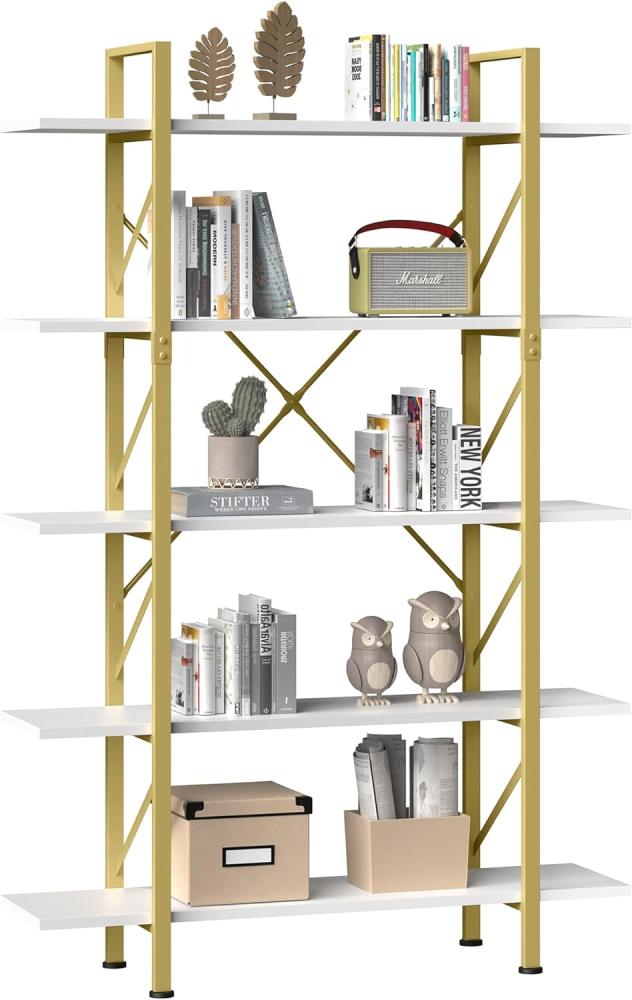 YITAHOME Bücherregal mit 5 Etagen, Standregal Metall-Bücherregal 120x30x180cm, Moderne Offene Bücherregale, Bücherregal weiß für Büro, Wohnzimmer, Schlafzimmer, Golden und Weiß Bild 1