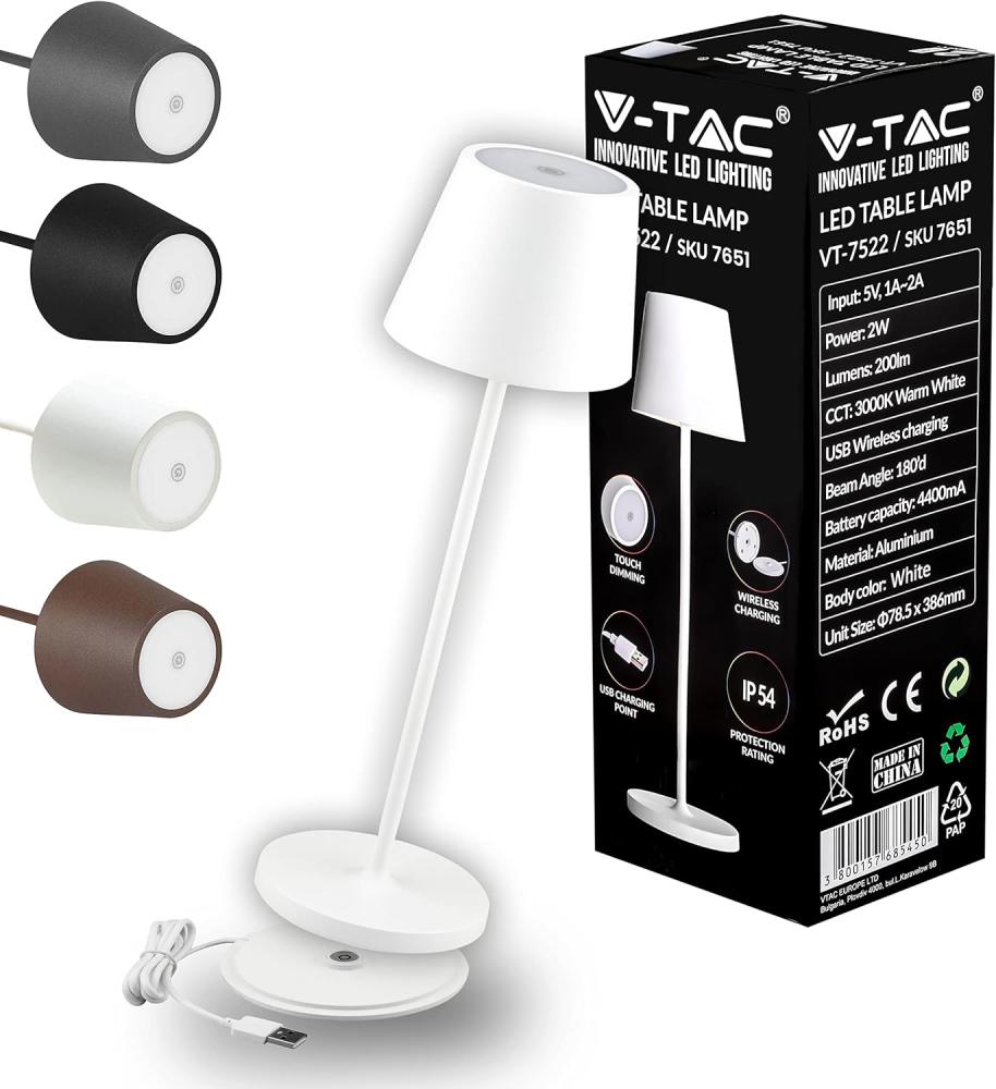 V-TAC Dimmbare LED Tischlampe Kabellos mit Touch-Bedienung - Wiederaufladbar Weiß Lampe für den Innen und Draußen - Außenbereich IP54 - Hause Restaurant - 4400-mAh-Akku - Warmweiß 3000K Bild 1