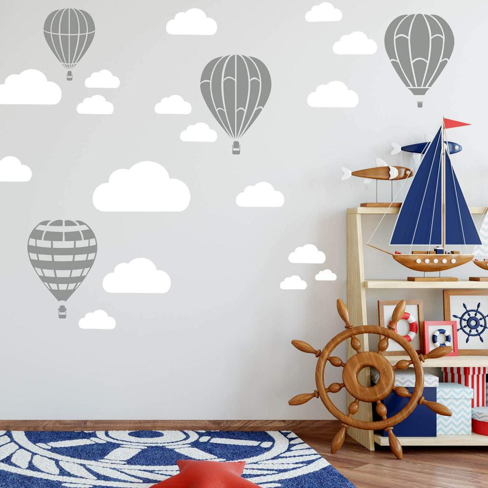 Heißluftballon & Wolken Aufkleber Wandtattoo Himmel | Wandbild 6x DIN A4 Bögen | Sticker Kinder Kinderzimmer Deko Ballons (Grau) Bild 1
