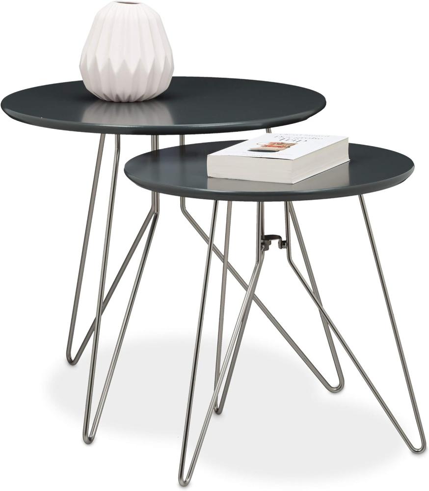 Relaxdays Beistelltisch 2er Set Wohnzimmertische aus Holz mit grau-matt lackierten Tischplatten im Durchmesser 48 und 40 cm als Couchtisch und Telefontisch in zwei verschiedenen Größen, grau matt Bild 1