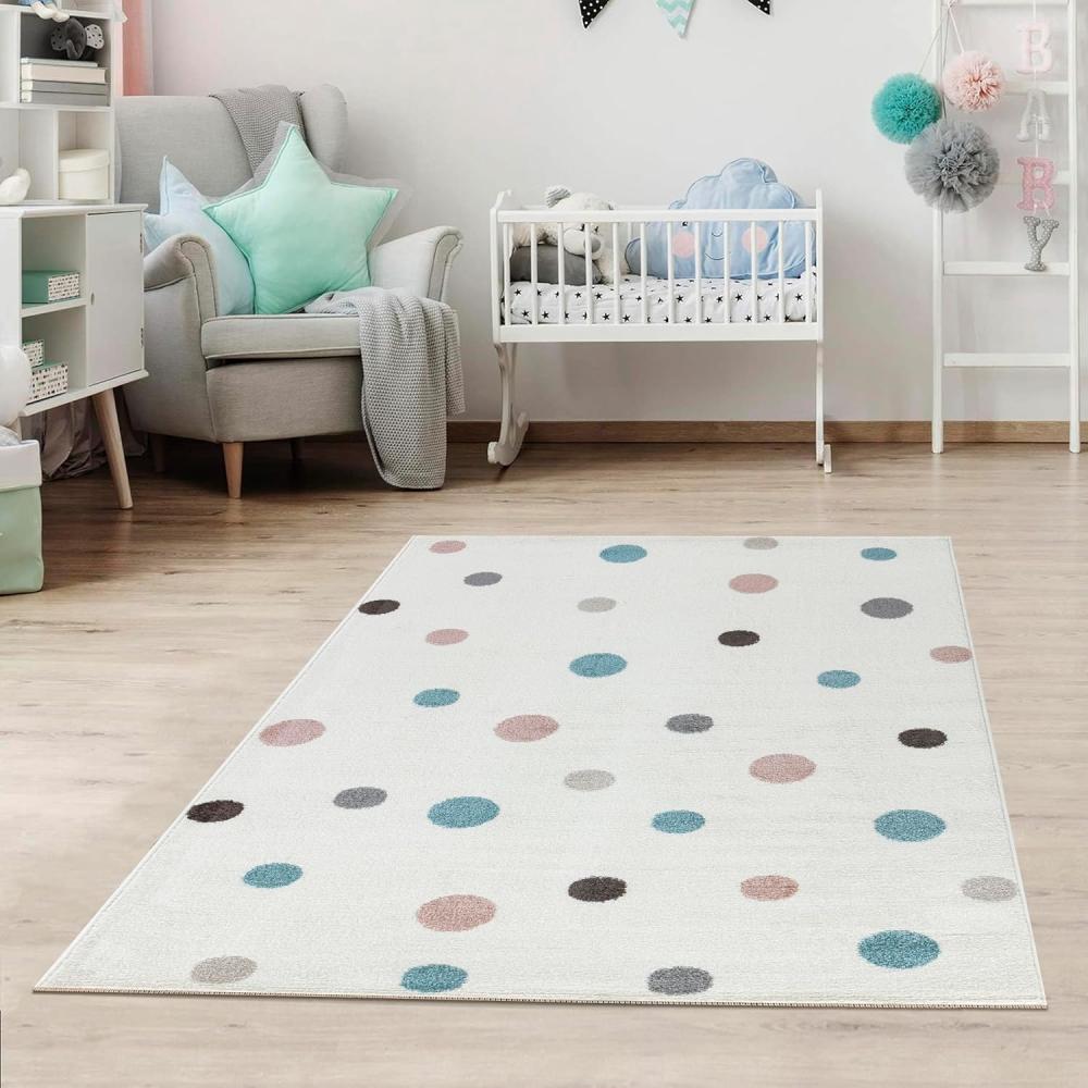 Jimri Kinderteppich DOTS l Pünktchen Gepunktet l Öko-Tex Siegel | Farbe: Beige Blau Rosa | Kinderzimmer/Jugendzimmer (Weiß, 80 x 150 cm) Bild 1