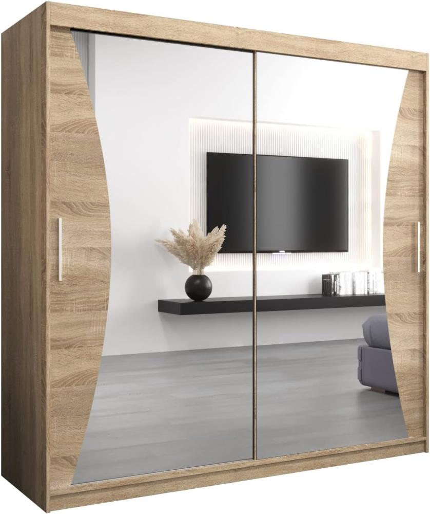 Kryspol Schwebetürenschrank Monaco 200 cm mit Spiegel Kleiderschrank mit Kleiderstange und Einlegeboden Schlafzimmer- Wohnzimmerschrank Schiebetüren Modern Design (Sonoma) Bild 1
