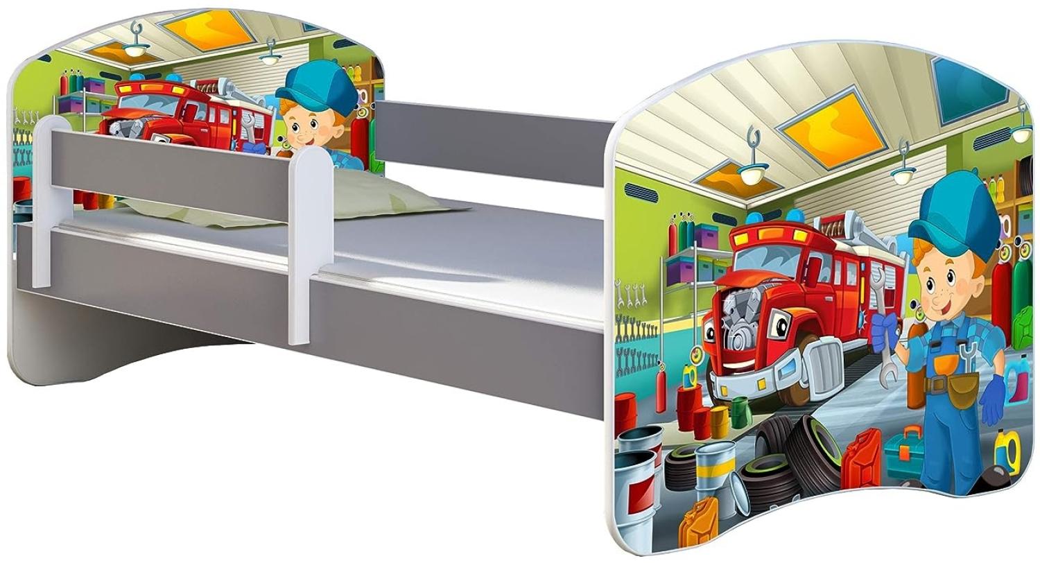 ACMA Kinderbett Jugendbett mit Einer Schublade und Matratze Grau mit Rausfallschutz Lattenrost II (45 Mechaniker, 140x70) Bild 1