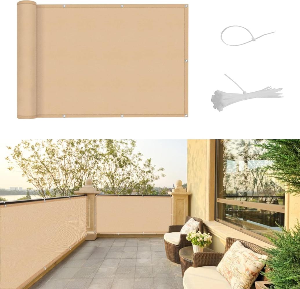 SUNNY GUARD Balkon Sichtschutz 90x300cm Balkonabdeckung PES UV-Schutz Balkonverkleidung wetterfester,mit Kabelbinder,Sandbeige Bild 1