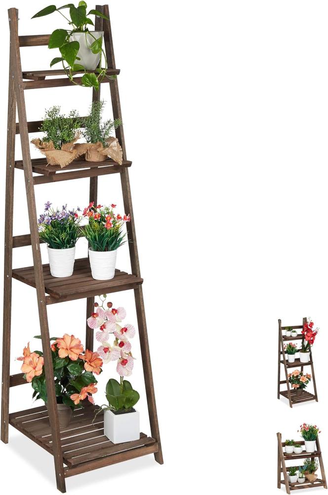Relaxdays Blumentreppe, 4-stufig, Blumenleiter Holz, klappbar, Leiterregal Pflanzen, HBT: 160 x 41 x 49 cm, dunkelbraun Bild 1