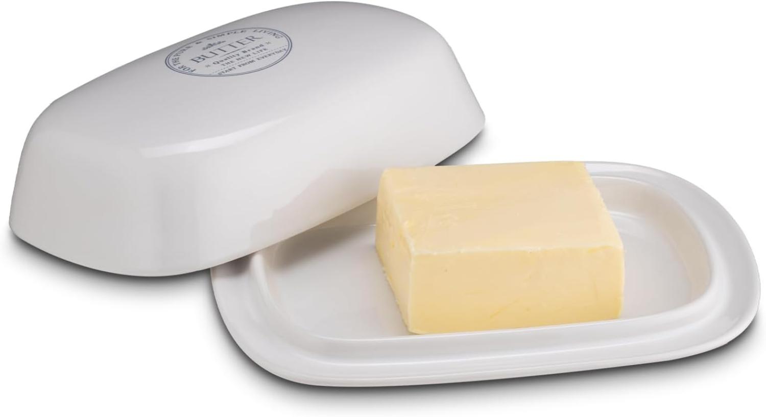 KHG Butterdose Keramik Steingut Weiß mit Beschriftung für 250g Butter, Aufbewahrung Butterbehälter, Deckel opak, Butterbox rechteckig & glasiert mit Emaille, spülmaschinengeeignet Bild 1