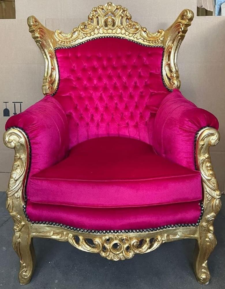 Casa Padrino Barock Sessel Pink / Gold - Handgefertigter Massivholz Wohnzimmer Sessel - Antik Stil Wohnzimmer Sessel - Wohnzimmer Möbel im Barockstil - Barock Möbel Bild 1