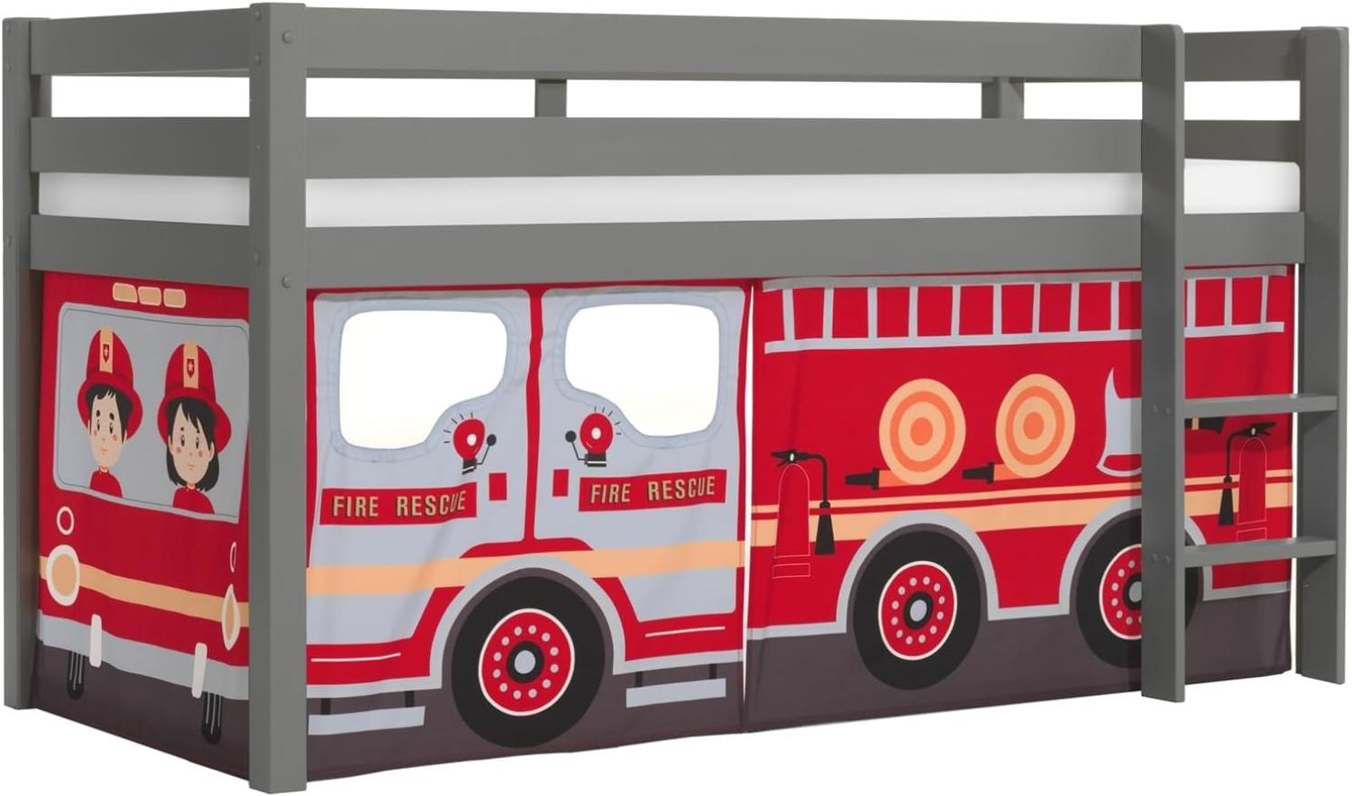Vipack 'Pino' Halbhochbett 90x200 cm, grau, Kiefer massiv, mit Textilset 'Fire Rescue' Bild 1