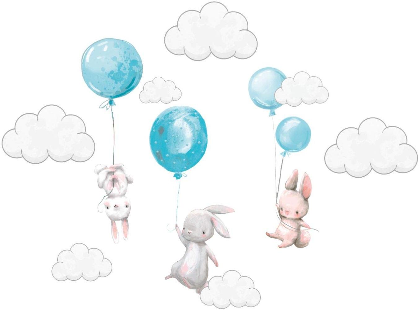 Szeridan Kaninchen Hase Ballons Wolken Wandtattoo Babyzimmer Wandsticker Wandaufkleber Aufkleber Deko für Kinderzimmer Baby Kinder Kinderzimmer Mädchen Junge Dekoration 135 x 160 cm (XXL, Blau) Bild 1