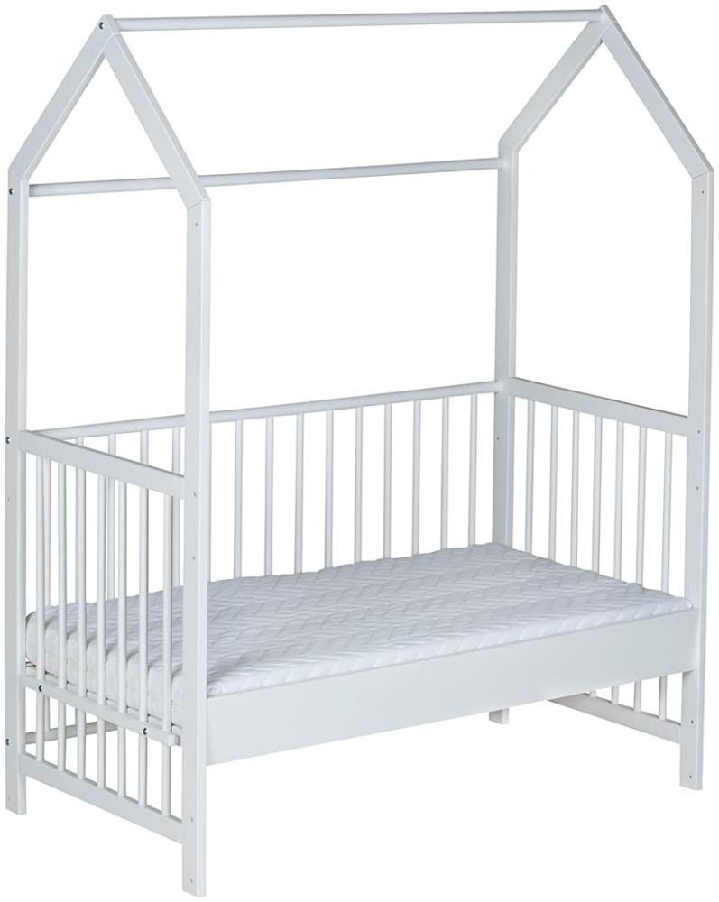 Schardt - Baby Hausbett Micky - Weiß - 60x120cm - Stufenlos Höhenverstallbares Beistellbett - Inkl. Umbauseiten und Sicherheitsgurtsystem Bild 1