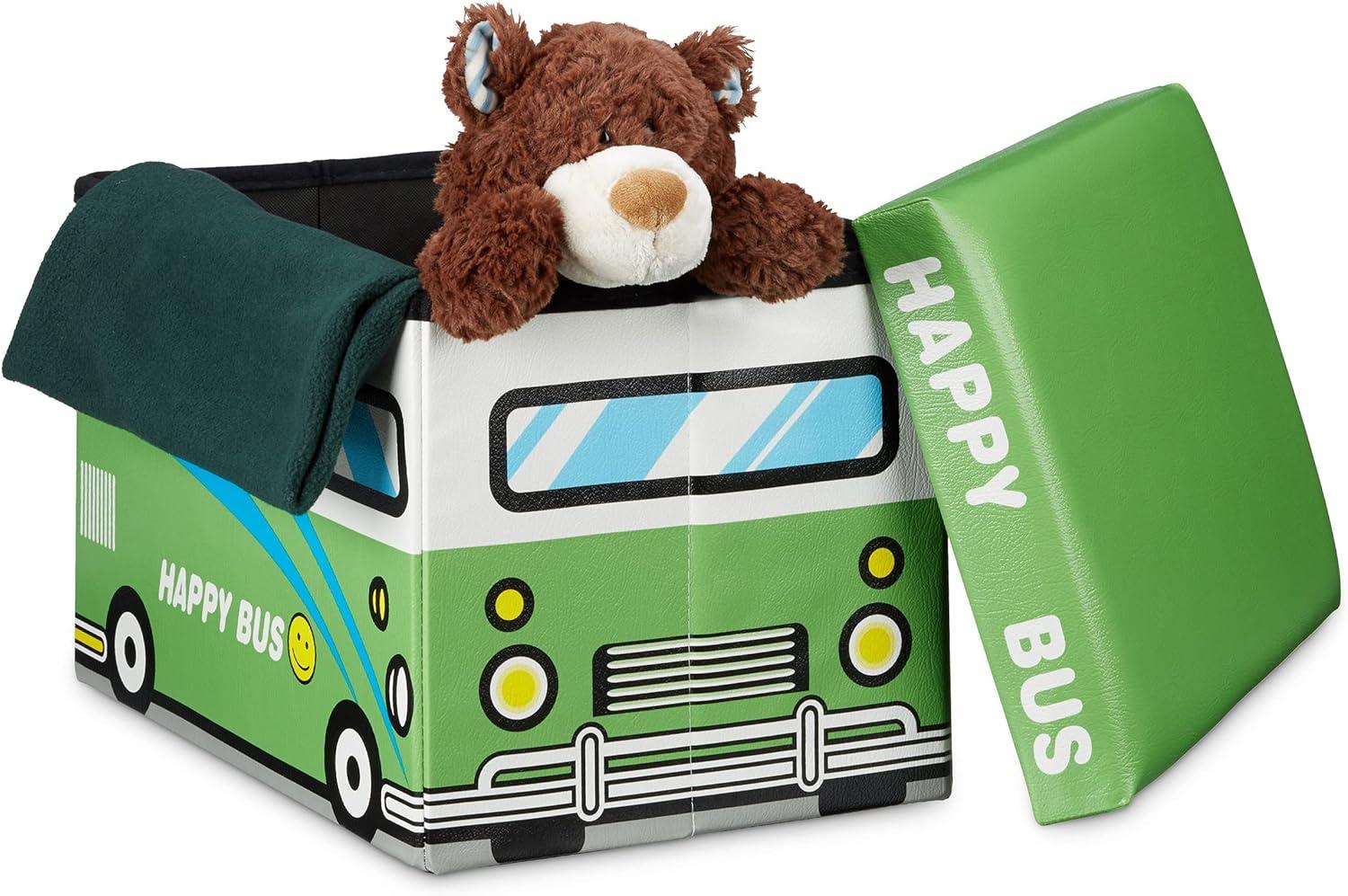 Relaxdays Faltbare Spielzeugkiste Happy Bus HBT 32 x 48 x 32 cm stabiler Kinder Sitzhocker als praktische Spielzeugbox Kunstleder mit Stauraum ca. 37 l und Deckel zum Abnehmen für Kinderzimmer, grün Bild 1