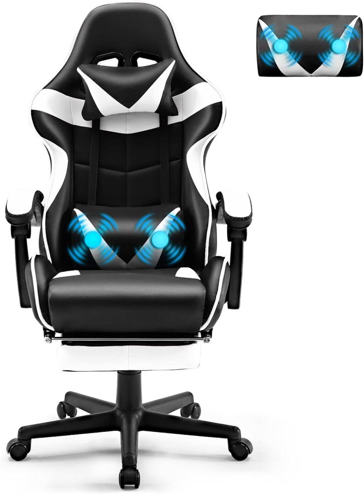 Soontrans Gaming Stuhl Massage, Gaming Sessel mit Fußstütze & Kopfstütze & Massage-Lendenkissen, Gepolsterte Armlehnen, Ergonomisch Gaming Stuhl für Gamer YouTube Livestreaming Xbox (Weiß) Bild 1