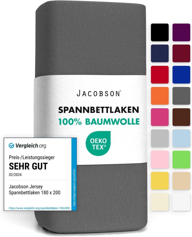 Jacobson Jersey Spannbettlaken Spannbetttuch Baumwolle Bettlaken (120x200-130x200 cm, Anthrazit) Bild 1