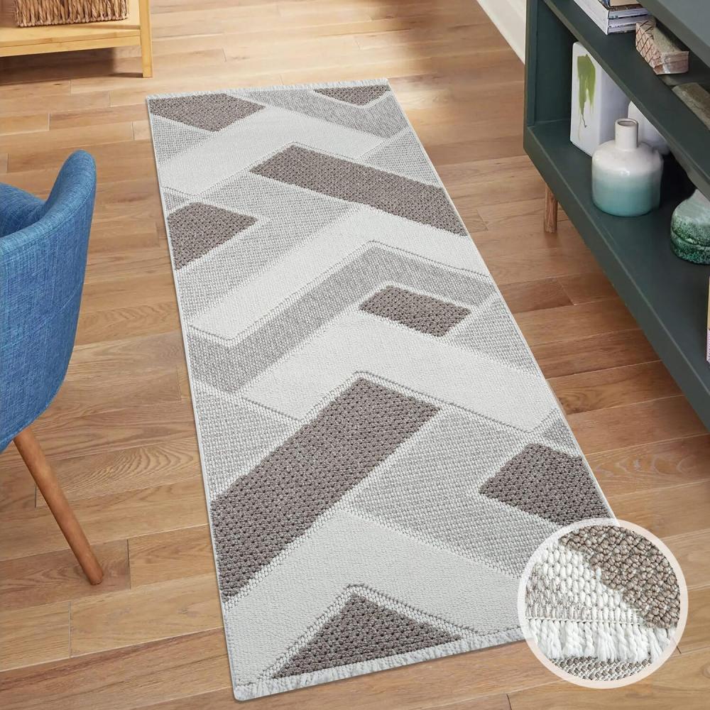 carpet city Teppich-Läufer Kurzflor Flur - Beige - 80x300 cm - Teppiche Fransen Boho-Style - Geometrisches Muster - Schlafzimmer, Wohnzimmer Bild 1