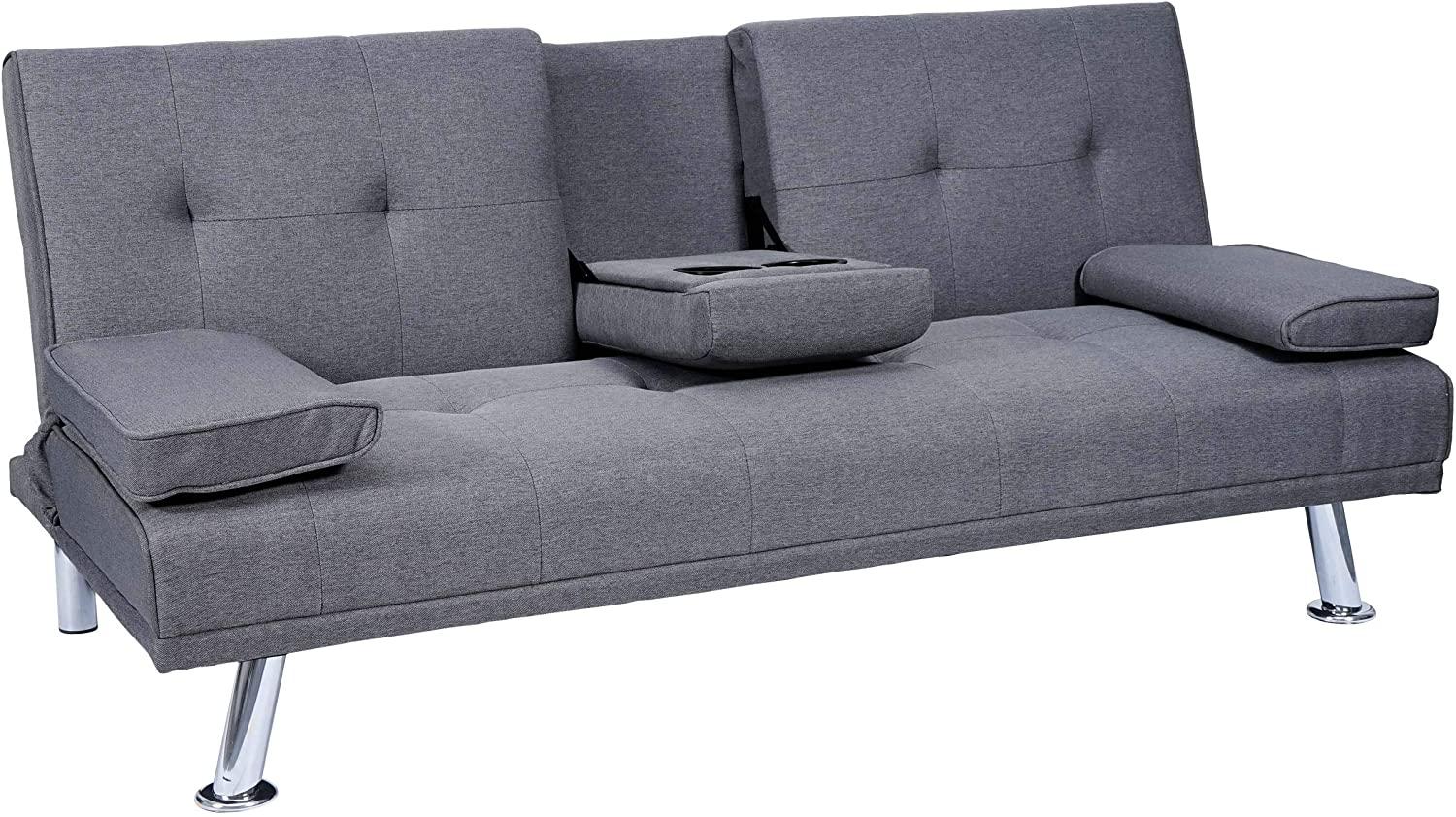 3er-Sofa HWC-F60, Couch Schlafsofa Gästebett, Tassenhalter verstellbar 97x166cm ~ Textil, dunkelgrau Bild 1