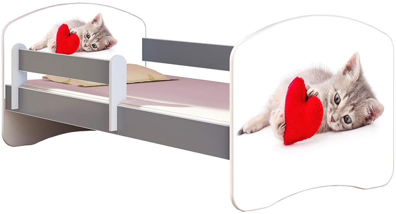 ACMA Kinderbett Jugendbett mit Einer Schublade und Matratze Grau mit Rausfallschutz Lattenrost II (40 Katze mit Herz, 180x80) Bild 1