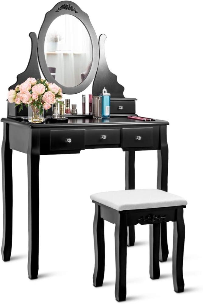 COSTWAY Schminktisch-Set, Frisiertisch mit 360°drehbarer ovaler Spiegel und Stuhl， Kosmetiktisch mit 5 Schubladen, Make up Tisch Schminkkommode für Schlafzimmer (Schwarz) Bild 1