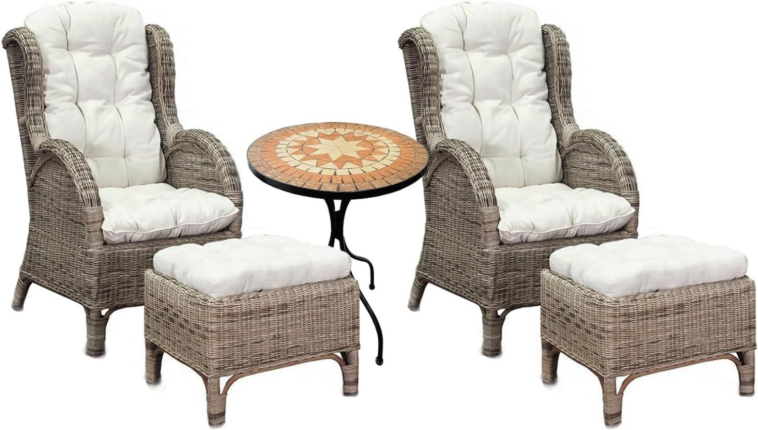 Luxus Rattan Set 2 x Relaxsessel mit Fußhocker + Mosaiktisch Bild 1