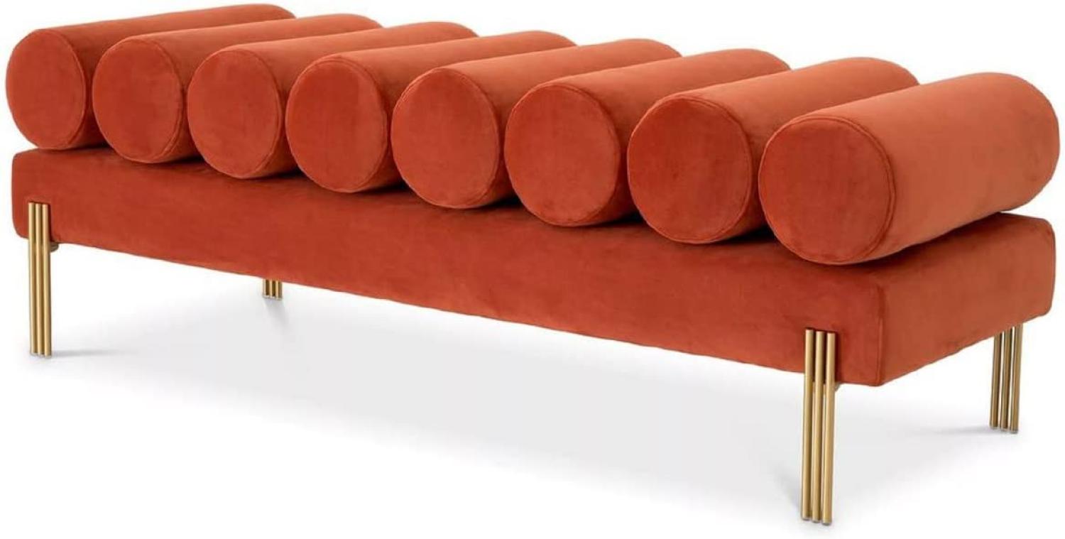 Casa Padrino Luxus Samt Sitzbank Orange / Messing 130 x 45 x H. 42 cm - Wohnzimmer Bank - Schlafzimmer Bank - Wohnzimmer Möbel - Schlafzimmer Möbel - Luxus Möbel - Luxus Einrichtung Bild 1