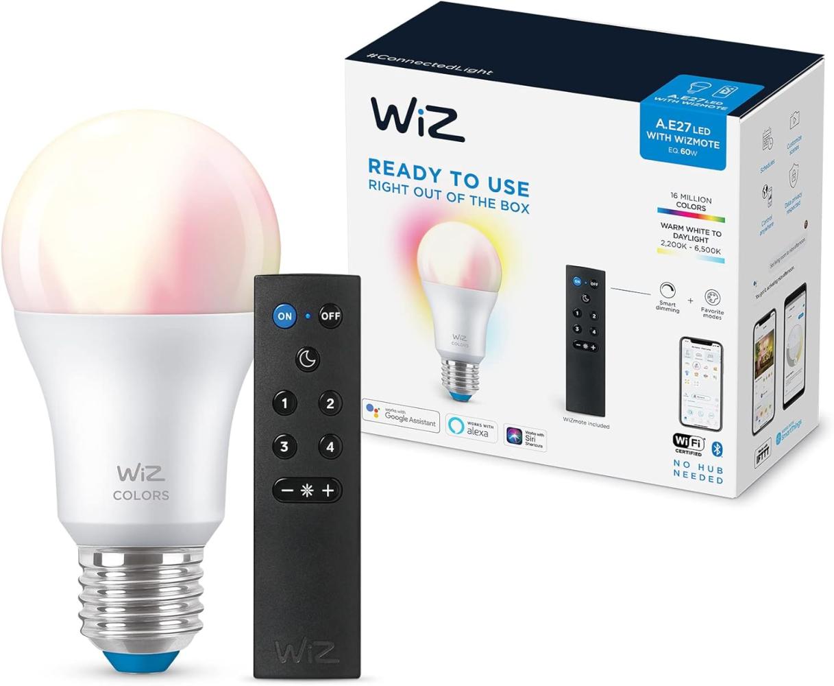 WiZ Tunable White & Color E27 Lampe, dimmbar, warm- bis kaltweiß, 16 Mio. Farben, 60W, smarte Steuerung per App/Stimme über WLAN, inkl. WiZMote Fernbedienung Bild 1
