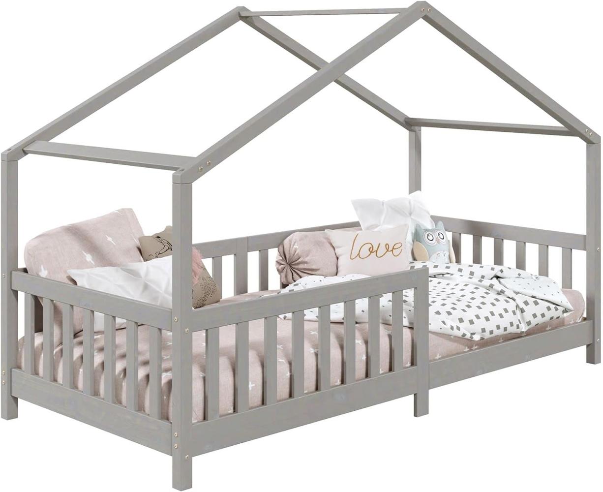 IDIMEX Hausbett LISAN aus massiver Kiefer in grau, schönes Montessori Bett in 90 x 200 cm, stabiles Kinderbett mit Rausfallschutz und Dach Bild 1