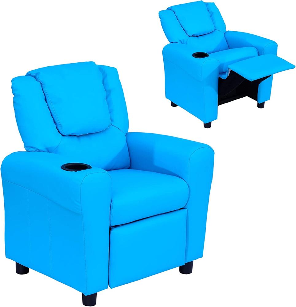 HOMCOM Sessel Kindersessel, Liegefunktion, Eingebauten Becherhalter, Blau (Set, 1-St, Kindersofa für 3-6 Jahre alt), 62B x 52T x 69H cm Bild 1
