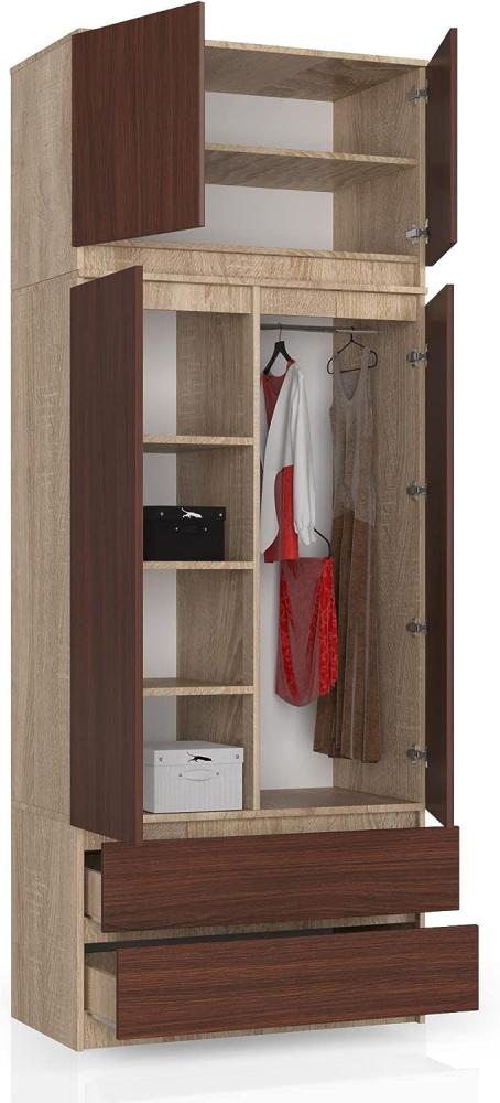 BDW Kleiderschrank 4 Türen, 4 Einlegeböden, Kleiderbügel, 2 Schubladen Kleiderschrank für das Schlafzimmer Wohnzimmer Diele 234x90x51cm (Eiche Sonoma/Venga) Bild 1