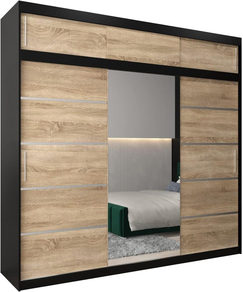 Kryspol Schwebetürenschrank Verona 2-250cm mit Spiegel Kleiderschrank mit Kleiderstange und Einlegeboden Schlafzimmer- Wohnzimmerschrank Schiebetüren Modern Design (Schwarz + Sonoma mit Erweiterung) Bild 1