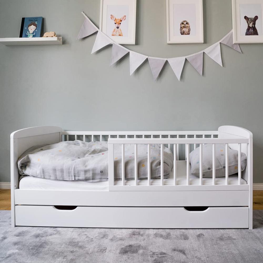 Kinderbett 140x70 mit Lattenrost, Schublade und Raufallschutz Vollholz in weiß - 70 x 140 perfekte Größe nach Gitterbett Babybett Bild 1