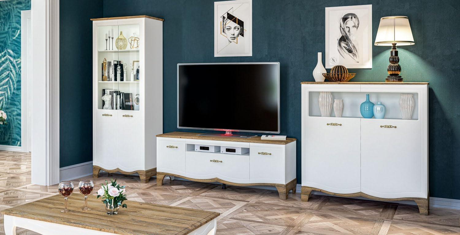 Wohnzimmer-Set "Tiffanie" 4tlg Glasvitrine Couchtisch Weiß Eiche Provence Bild 1