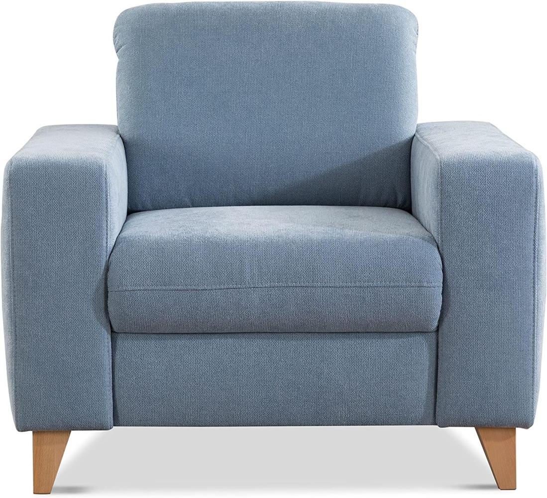 CAVADORE Sessel Lotta / Skandinavischer Polstersessel mit Federkern und Holzfüßen / 98 x 88 x 88 / Webstoff, Hellblau Bild 1