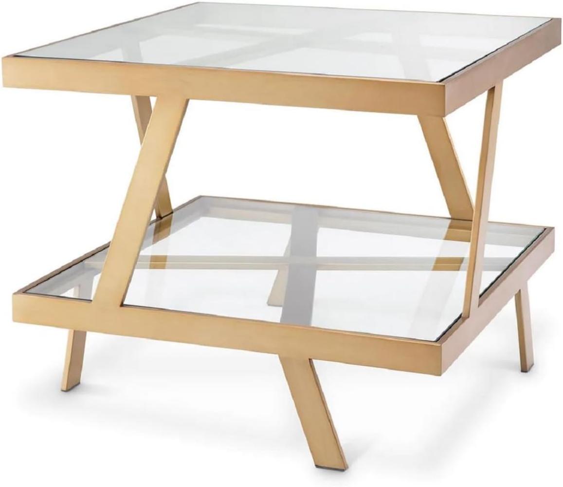 Casa Padrino Luxus Beistelltisch Messing 60 x 60 x H. 50,5 cm - Quadratischer Edelstahl Tisch mit Glasplatten - Wohnzimmer Möbel - Luxus Möbel - Luxus Qualität Bild 1