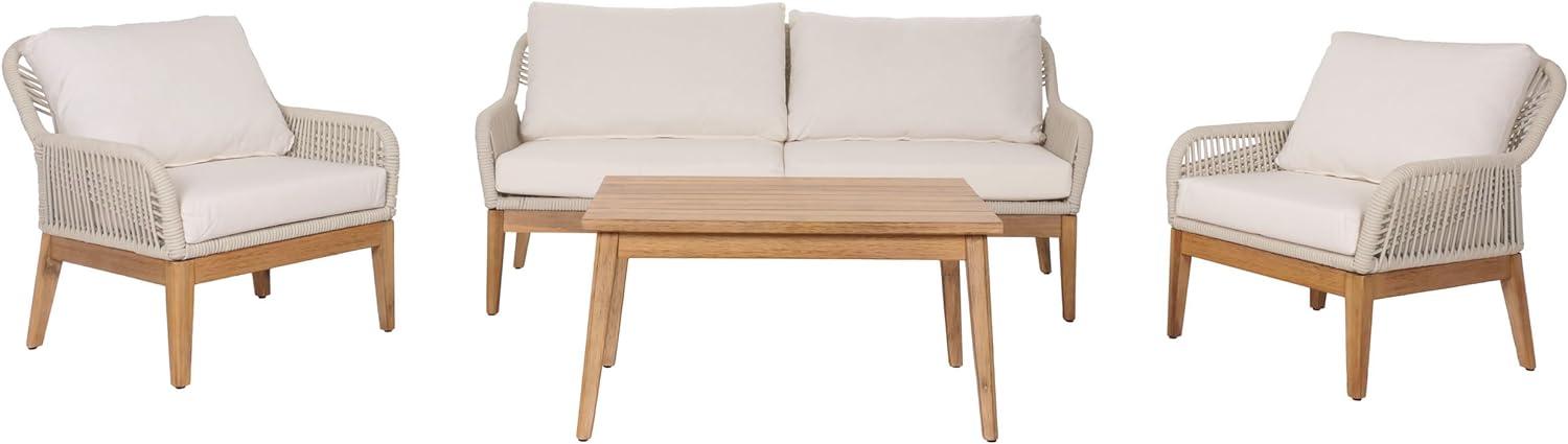 Gartengarnitur HWC-H56b, Lounge-Set Gartenlounge Sofa Sessel Tisch, Seilgeflecht Rope Holz Akazie ~ creme Bild 1