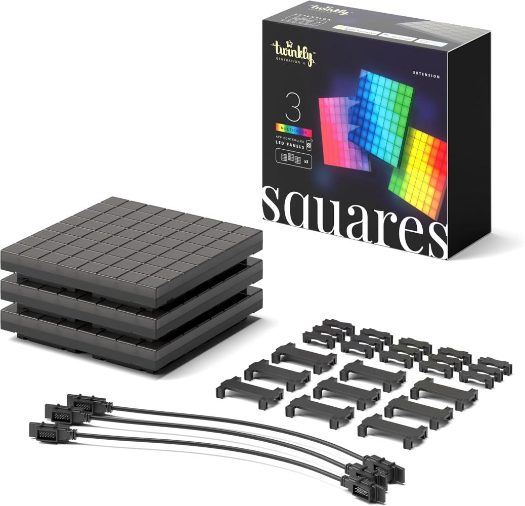 Twinkly Squares Erweiterungsset, RGB LED Paneelen-Kit, Enthält 3 Erweiterungspaneele und Verbindungskabel, Kompatibel mit HomeKit, Alexa und Google Home, Gaming- und Streaming-Lichter, 16M+ Farben Bild 1