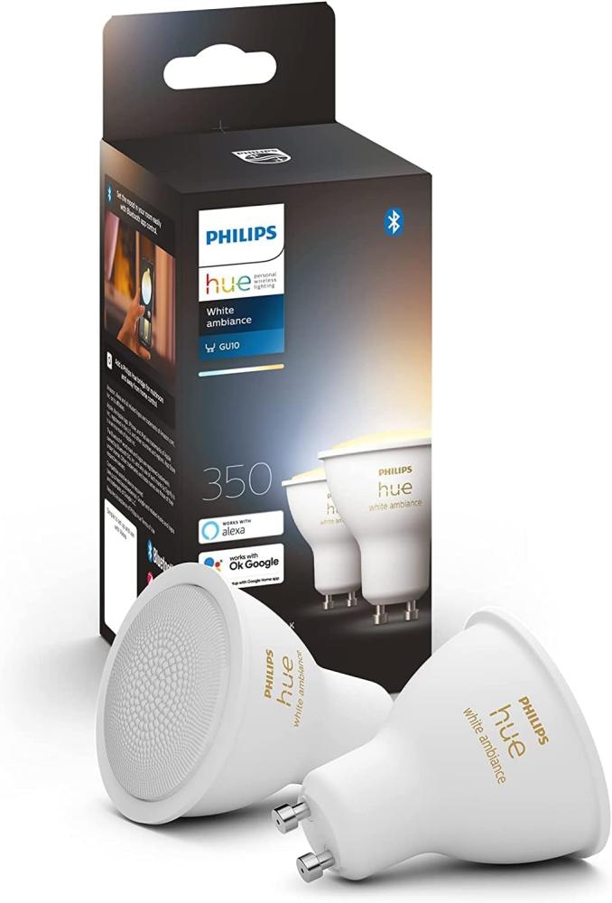 Philips Hue White Ambiance GU10 LED Spots 2-er Pack (350 lm), dimmbare LED Lampen für das Hue Lichtsystem mit allen Weißtönen, smarte Lichtsteuerung über Sprache und App Bild 1