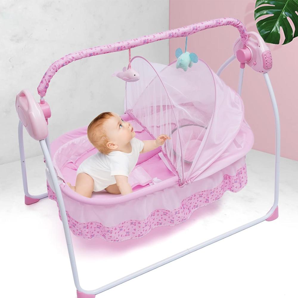 Babywiege Elektrische Babyschaukel mit Mückennetz Baby Stubenwagen Automatik Safe Baby-Wiege mit Musik Sicher Wippe, Rosa Bild 1