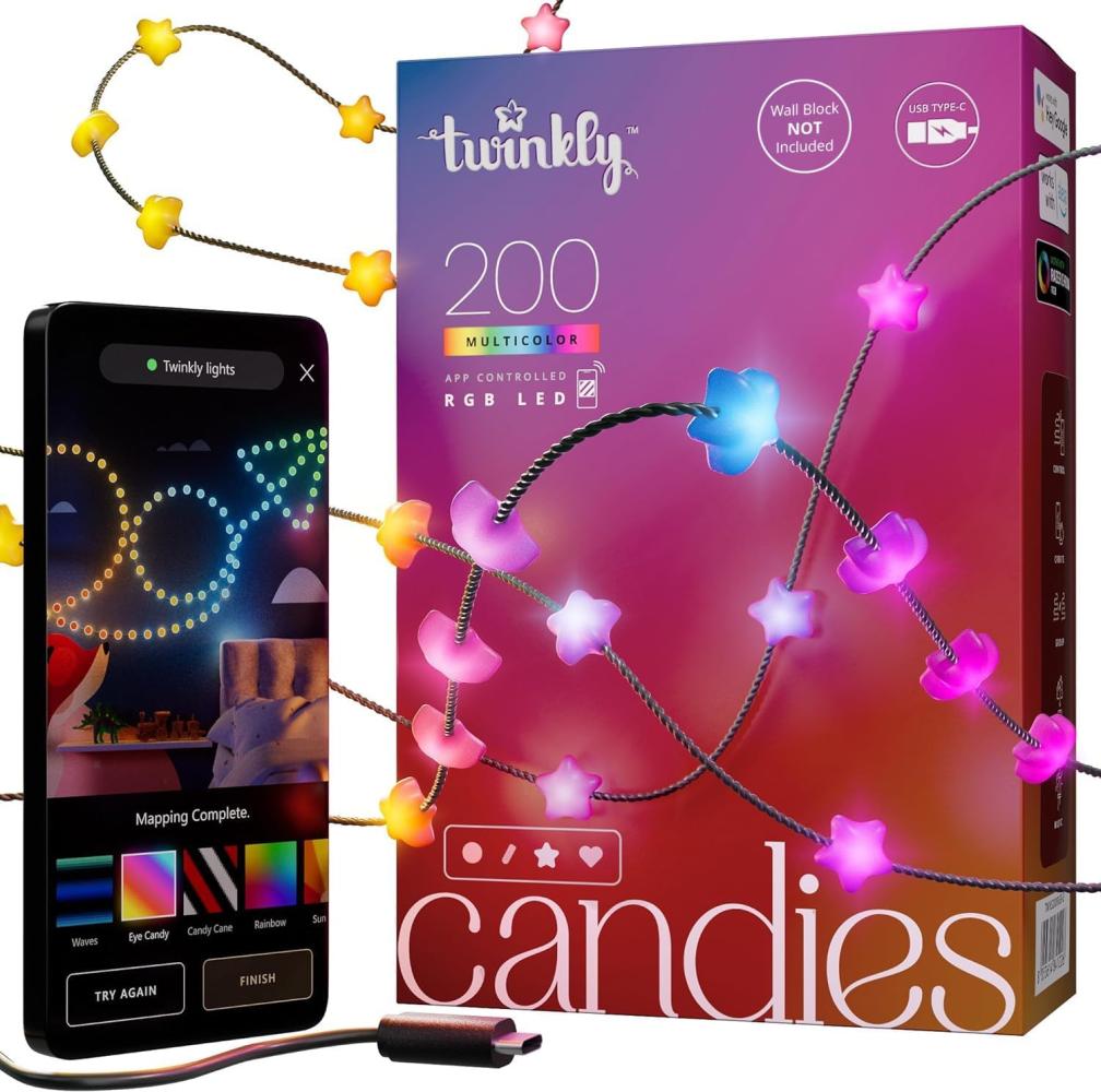 Twinkly Strings Star 200 LED, Sternförmige LED-Lichterkette, RGB LED-Lichter, Kompatibel mit Alexa & Google Home, Gaming-Lichter, Stromversorgung über USB-C, Grünes Kabel, 2 x 6m Bild 1