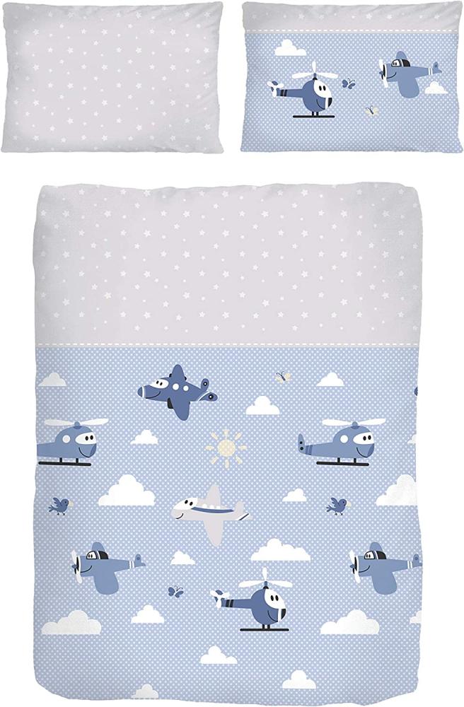 Dobnig Biber Baby Bettwäsche 2 teilig Bettbezug 100 x 135 cm Kopfkissenbezug 40 x 60 cm Flugzeuge bleu Bild 1