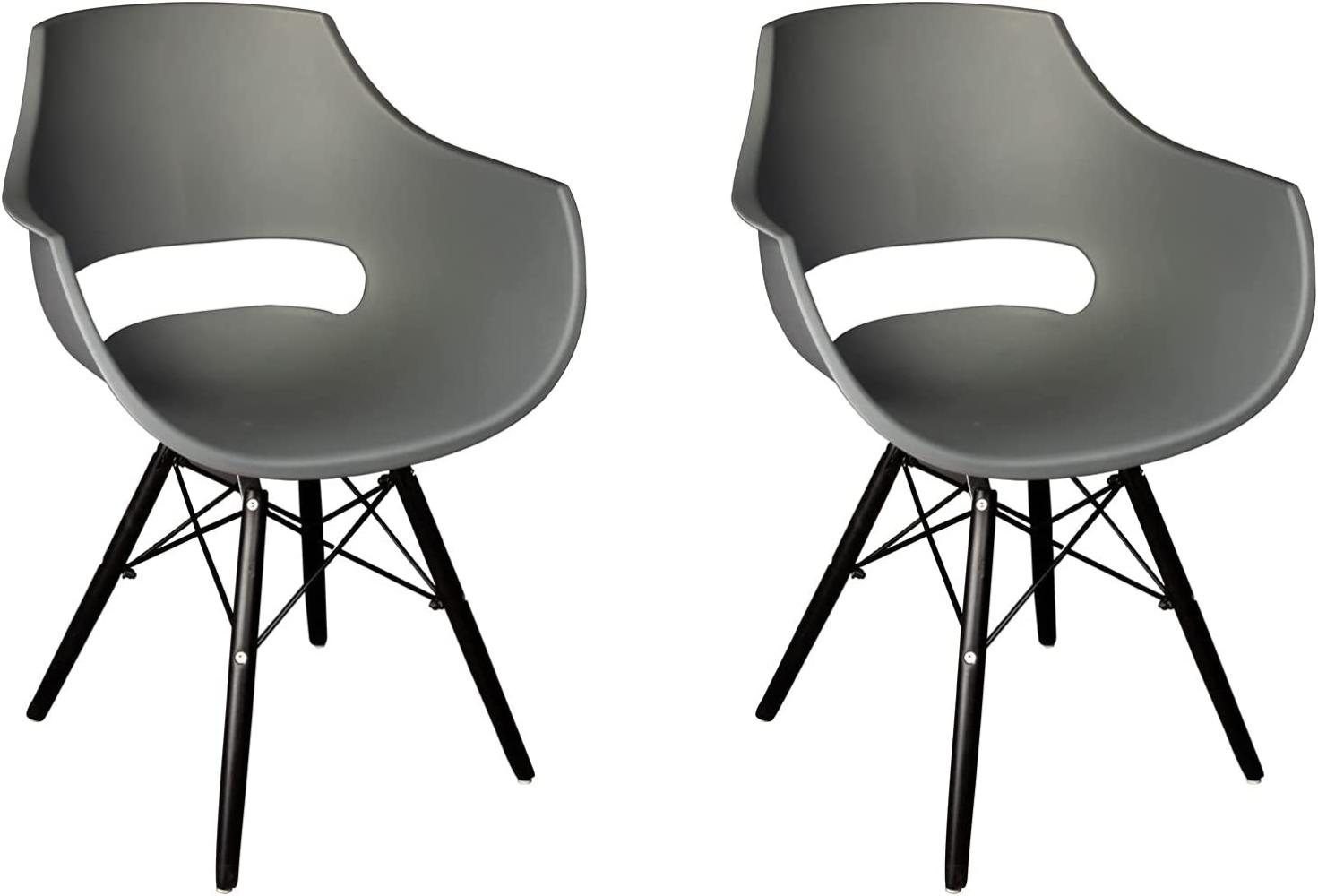 SAM 2er Set Schalenstuhl Lea, Grau, ergonomisch geformte Sitzschale aus Kunststoff, bequemer Esszimmerstuhl im Retro-Design, schwarzes Holzgestell Bild 1