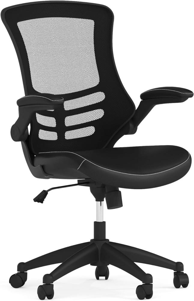 Flash Furniture Bürostuhl mit mittelhoher Rückenlehne – Ergonomischer Schreibtischstuhl mit hochklappbaren Armlehnen und LeatherSoft-Material – Perfekt für Home Office oder Büro – Schwarz Bild 1