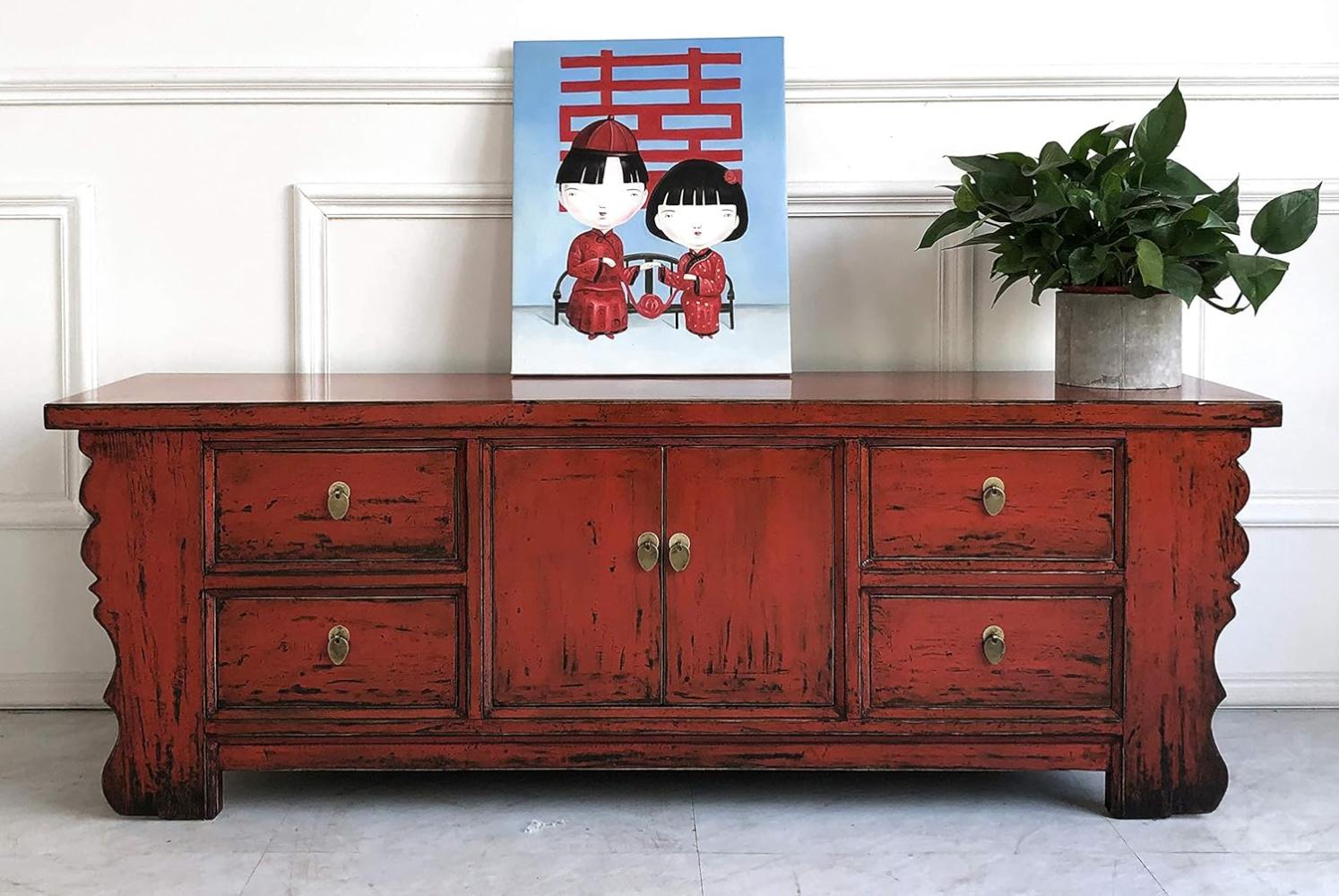 OPIUM OUTLET Chinesisches Lowboard Sideboard Kommode Büffet Anrichte rot China Shabby Chic Vintage Holz Bild 1