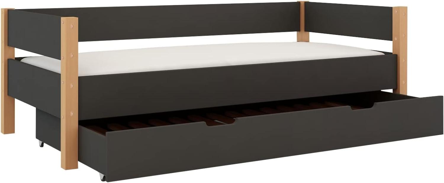 Polini-Kids 'Lollipop' Sofabett mit Zusatzbett-Bettkasten, massives Buchenholz grau, 90 x 200 cm Bild 1