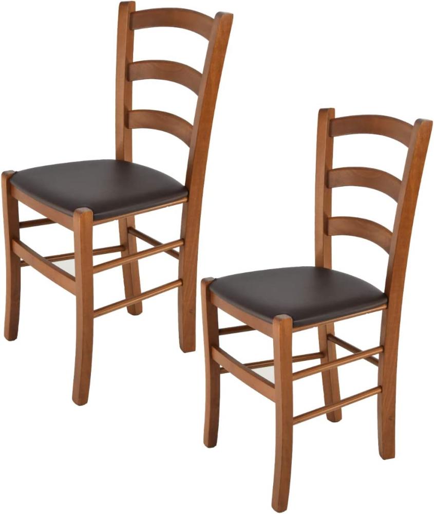 Tommychairs - 2er Set Stühle Venice für Küche und Esszimmer, Struktur aus lackiertem Buchenholz im Farbton helles Nussbraun und gepolsterte Sitzfläche mit Kunstleder in der Farbe Mokka bezogen Bild 1