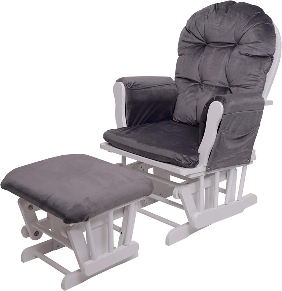 Relaxsessel HWC-C76, Schaukelstuhl Sessel Schwingstuhl mit Hocker ~ Samt, grau, Gestell weiß Bild 1
