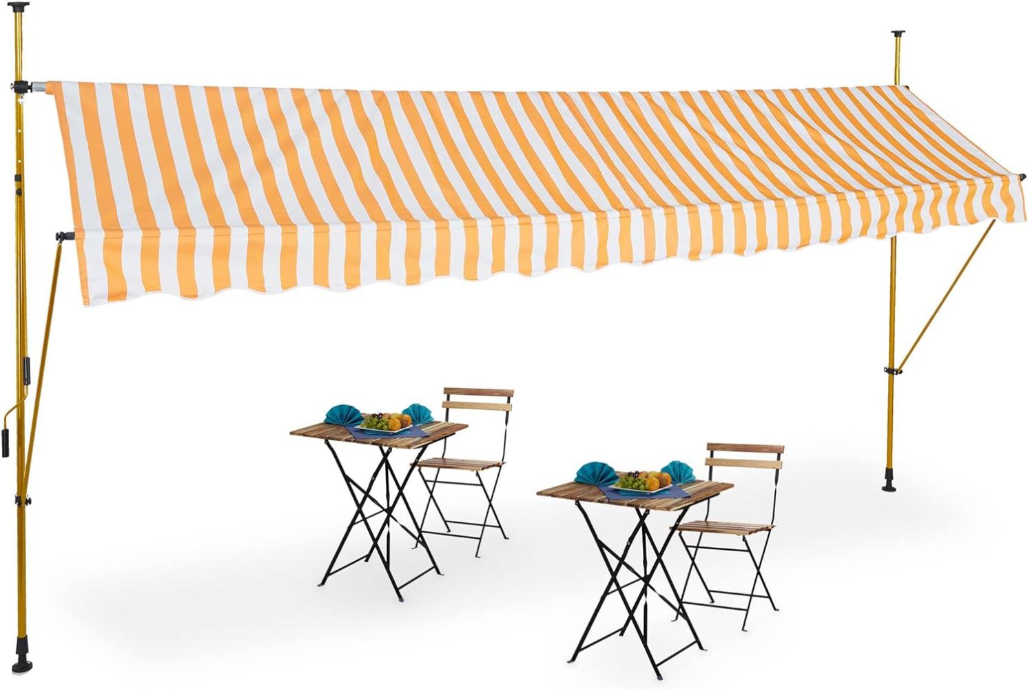 Relaxdays Klemmmarkise, 400 cm breit, höhenverstellbar, ohne Bohren, UV-beständig, Sonnenschutz für Balkon, weiß-orange Bild 1