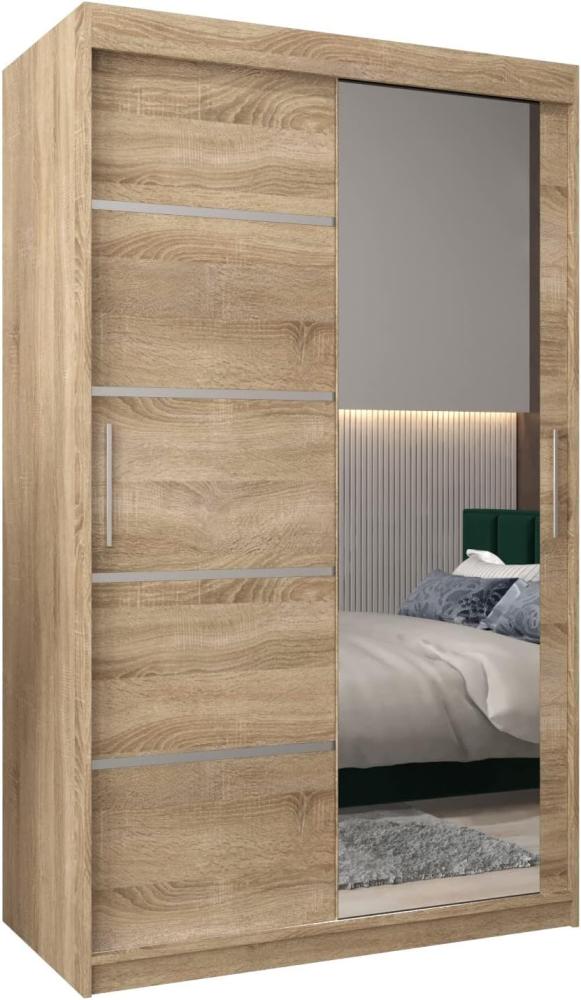 KRYSPOL Schwebetürenschrank Verona 2-120 cm mit Spiegel Kleiderschrank mit Kleiderstange und Einlegeboden Schlafzimmer-Wohnzimmerschrank Schiebetüren Modern Design (Sonoma) Bild 1