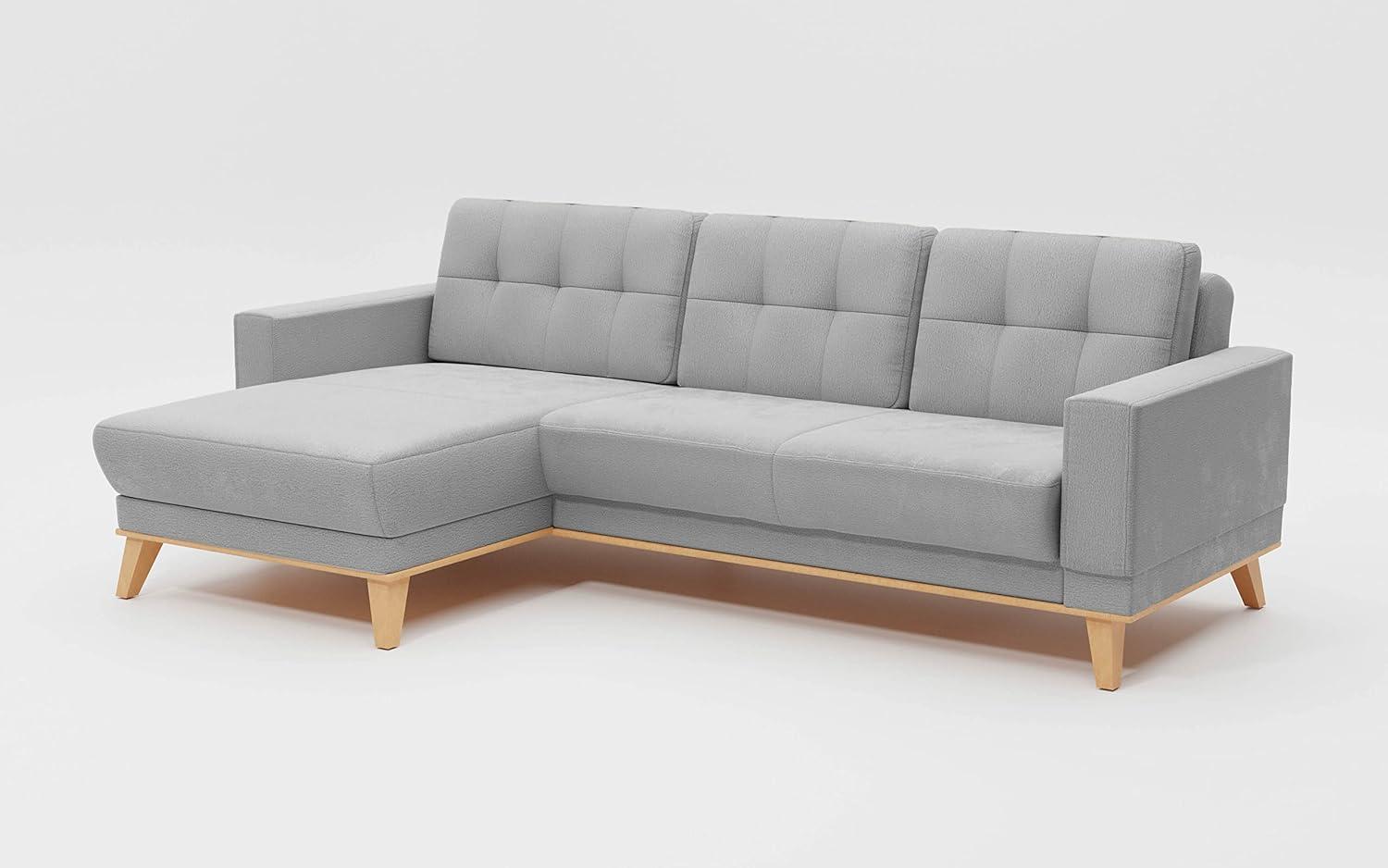 CAVADORE Ecksofa Lima mit Longchair / Couch in L-Form mit Wellenfederung, Holzrahmen + Steppung im Rücken / Flachgewebe, Hellgrau Bild 1