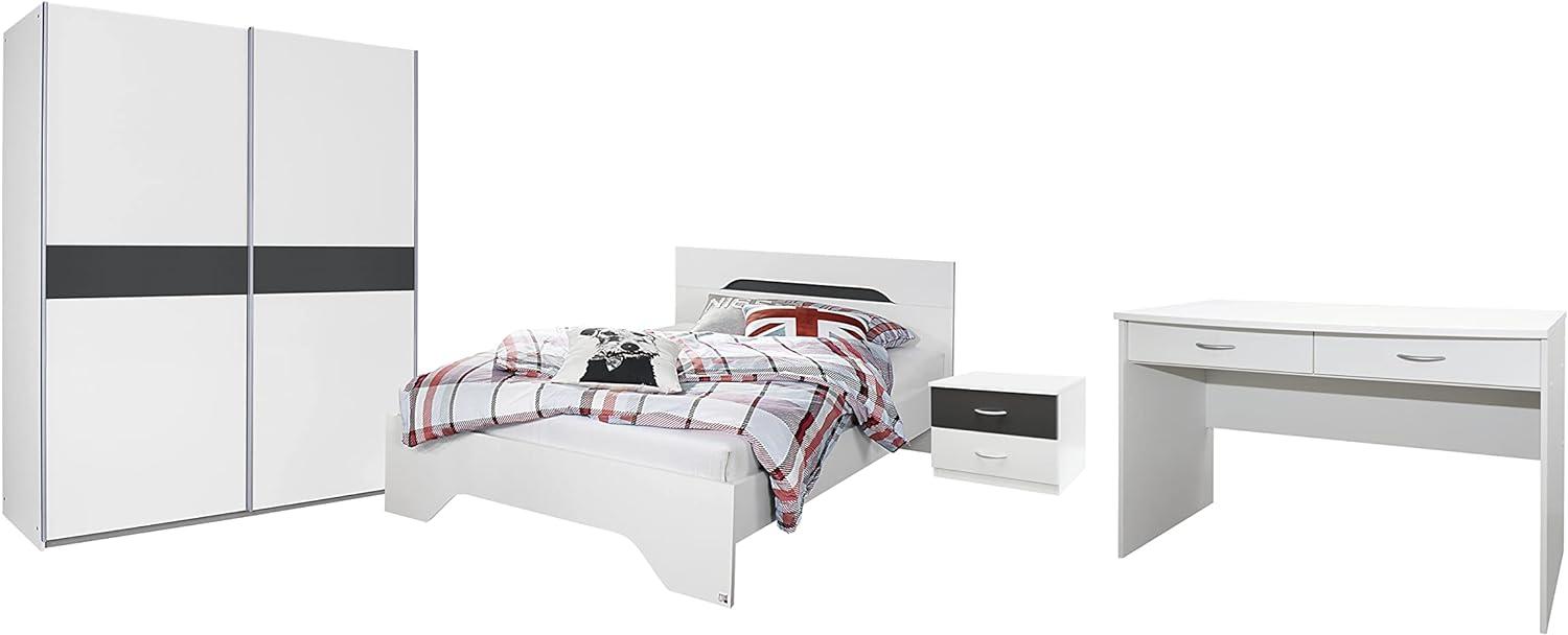 Rauch Möbel Noosa Jugendzimmer Set 4-teilig, Weiß / Grau Metallic, bestehend aus Drehtürenschrank Bett Nachttisch Schreibtisch Bild 1