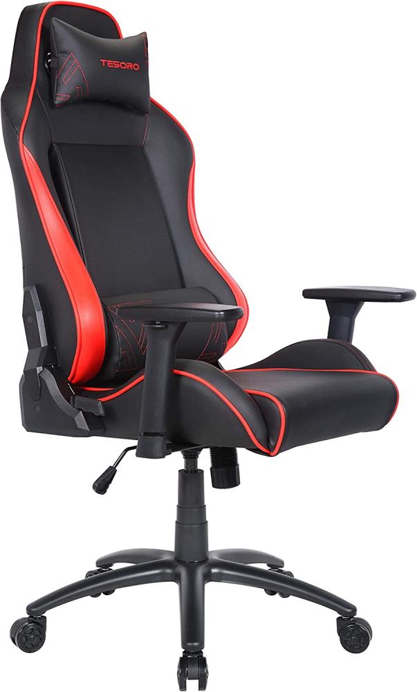 Tesoro Alphaeon S1 Gaming Stuhl F715 Rot/Red - Gamer Stuhl mit Metallrahmen und Verstärkungselementen, perforiertes PU-Leder, 3D-Armlehnen, Lendenkissen und Nackenkissen Bild 1