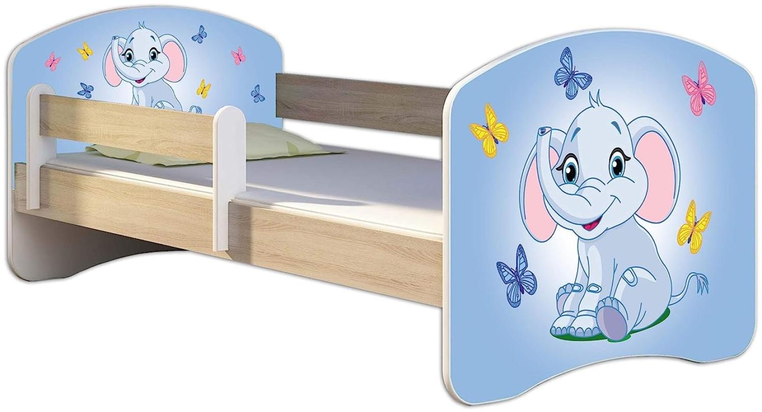 Kinderbett Jugendbett mit einer Schublade und Matratze Sonoma mit Rausfallschutz Lattenrost ACMA II 140x70 160x80 180x80 (26 Elefant, 140x70) Bild 1